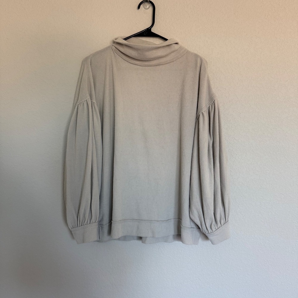 We The Free Free People Turtleneck‎ Open Back Puff Sleeve Ribbed Top Beige Boho